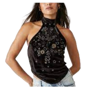 Free People Black Halter Top with Floral Embroidery
